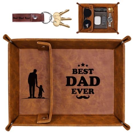 Daddy’s Valet Tray, a leather organizer for Dad’s wallet, keys, watch, and other accessories. Perfect gift from kids.