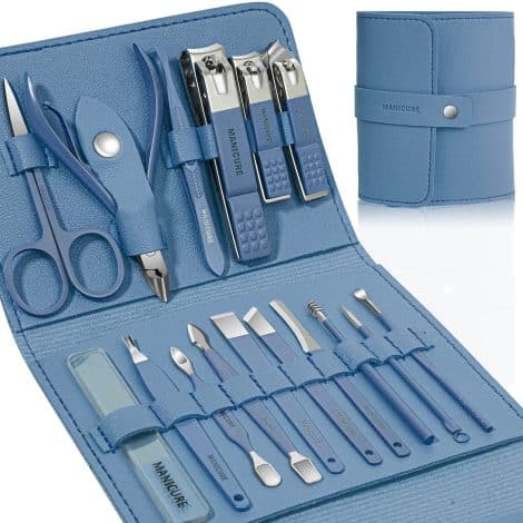 Luxury Travel Leather Case for Men and Women with 16 Stainless Steel Nail Care Tools (Blue)