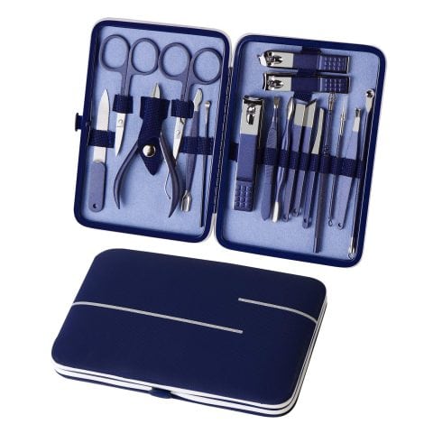 18-piece nail care set with stainless steel clippers and pedicure tools, accompanied by a travel-friendly blue case. Ideal for gifting.