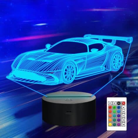 CooPark Car 3D Present Light, Rally Autos Illusion Night Lamp Changing Colors with Remote. Ideal gift for racing enthusiasts.