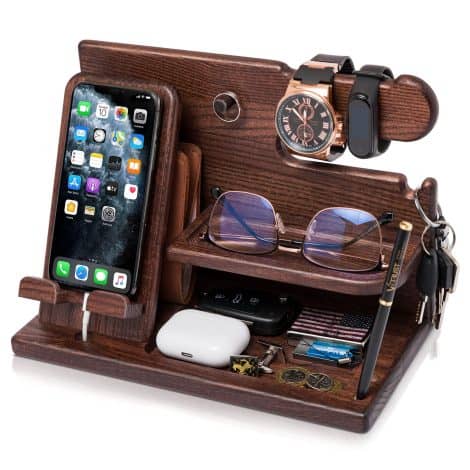 Teslyar Wooden Phone Docking Station Desk Organizer: Perfect gifts for fathers, men, or your loved ones. (Brown)