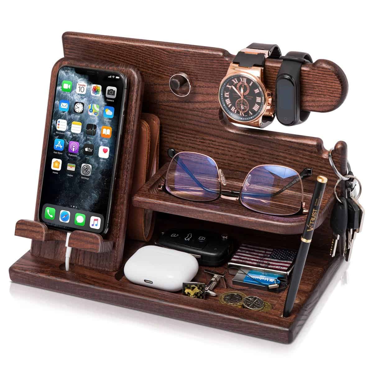 Teslyar Gifts for Men Wood Phone Docking Station Desk Organizer Fathers gifts Gifts for him Xmas gift Anniversary Birthday presents Nightstand Key Wallet Stand for Men, Boyfriend, Dad (Brown)