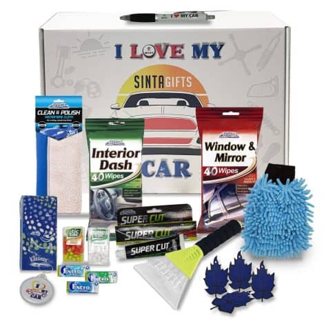 Sinta Gifts “I Adore My Vehicle” Present Box with 18 Handy Car Items for Men, Ideal for Car Enthusiasts, in a Sustainable Decorative Box.