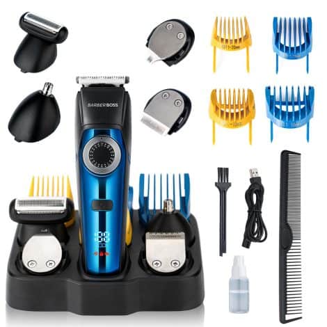 BarberBoss Men’s All-in-One Grooming Set with 39 Length Options, USB Rechargeable, and Waterproof Design. Equipped with LED Screen.