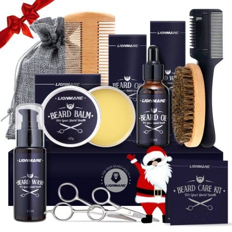 LIONMANE Christmas Beard Care Kit for Him: Includes Beard Balm, Wash, Oil, Comb, Brush, Scissors, and Thinning Comb. Perfect for gifting.