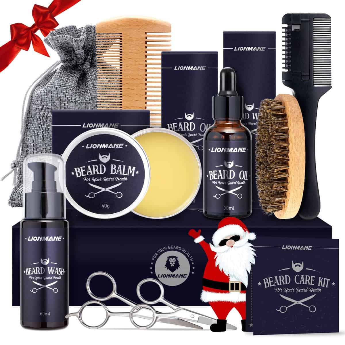 Christmas Beard Care Kit for Men, LIONMANE Beard Grooming Kit- Beard Balm, Beard Wash & Oil,Comb,Brush,Scissors,Hair Thinning Comb, Anniversary Birthday Thanksgiving Gifts for Husband/Boyfriend/Dad