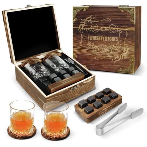 EASTSTORM Whisky Stones, Whisky Glass Present Set, Whisky Rocks Cooling Stones in Handcrafted Wood sans Dilution – Whisky Glasses Pair, Gift for Father, Spouse, Gentlemen.