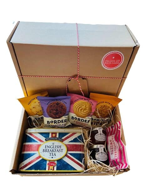 Luxurious British Tea Gift Set in a Hamper Box with Biscuits, English Breakfast Tea, Union Jack Tin, Jam, and Marmalade. Perfect present for gentlemen, fathers or grandfathers. Celebrate the Jubilee.