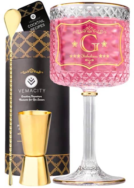 Vemacity Personalised Gin Glass with Gold Edges + Your Chosen Initial | Big Gin Glasses for Ladies with Gold Mixing Spoon & Jigger | Recipe PDF | Perfect Aperol Spritz Glass/ Wine Glass.