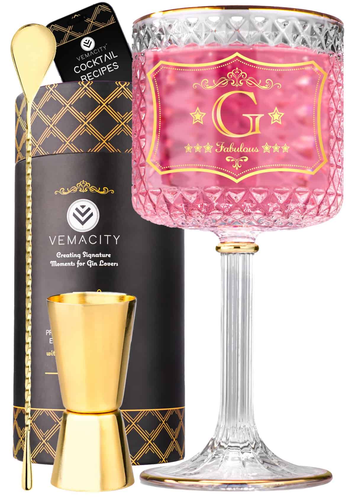 Vemacity Personalised Gin Glass with Gold Rims + Your Choice of Initial (G) | Large Gin Glasses for Women with Gold Cocktail Spoon & Jigger | Recipe PDF | Ideal Aperol Spritz Glass/Wine Glass