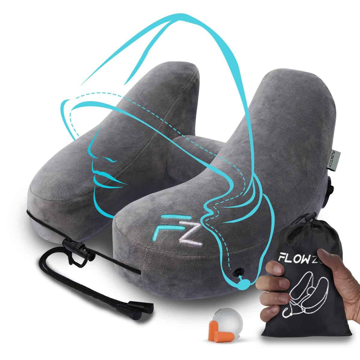 FLOWZOOM AIR Inflatable Travel Pillow for Airplane - Hooded Neck Pillow for Travel - Inflatable Travel Neck Pillow - Plane Pillow - Neck Cushion - Flight Pillow - Travel Neck Pillows for Adults  Grey