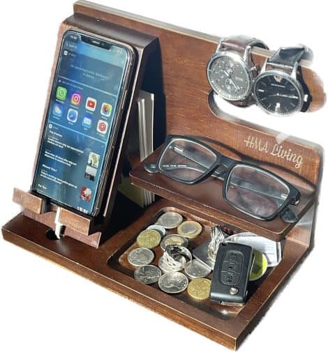 HMA LIVING Wooden Phone Holder with Key Rack, Wallet Stand, Watch Organizer. Great gift for men, £39.99.