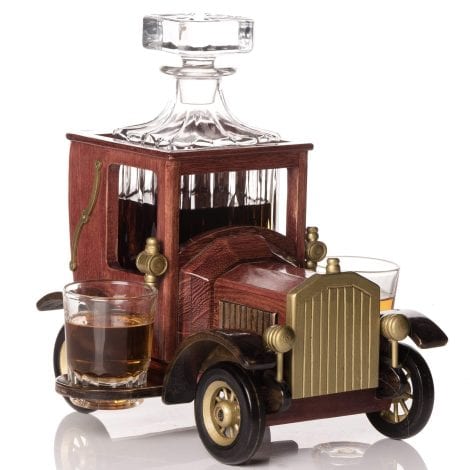 Kemstood Whisky Decanter Set with Glasses and Vintage Car Stand (945 ml) – Bourbon Set with Glasses for Spirits – Christmas & Whisky Gifts for Men – Home Bar Accessories.