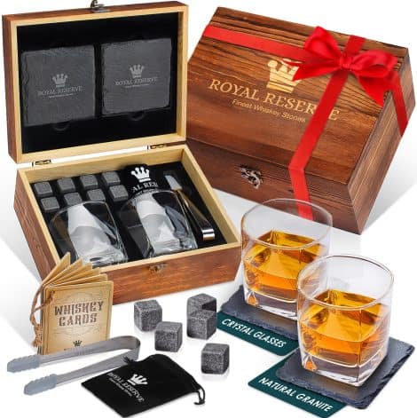 Whiskey Gift Box – 2 Whiskey Glasses, Whiskey Stones, Coasters & Wooden Box – Birthday Gifts for Men.