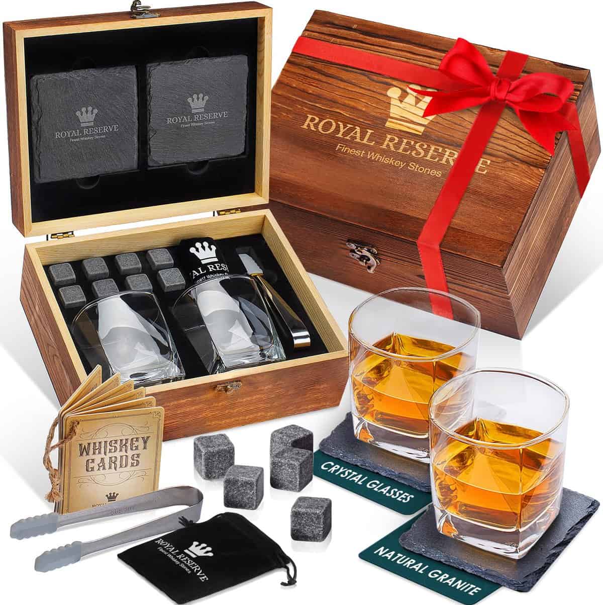 Whisky Gift Set  Whisky Glass Set of 2, Stones, Coasters & Wooden Box  Birthday Gifts for Men Husband Friend Dad Boyfriend Brother Boss Father in Law - Whiskey Gift Sets for Men by Royal Reserve