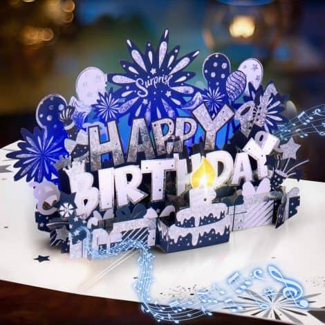 OAKJAR Birthday Card: Musical Happy Birthday Cards with Blowable Candle and Light, Large 3D Pop Up – Blue Silver.