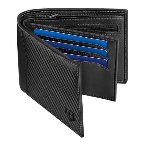 BIAL Men’s Wallet, Leather Bifold RFID Blocking Wallet with Coin Pocket, Card Holder, and Banknote Compartments, Black.