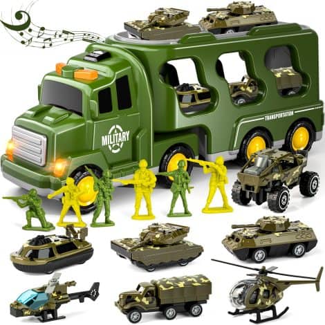 Doloowee 14 in 1 Green Military Truck Toys, Army Tanks Set with Soldier Figurines, Toy Truck with Lights and Sounds, Ideal Gift for Boys aged 3 and above.