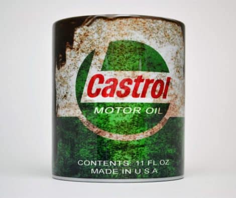 Castrol-inspired 10oz mug for tea or coffee, perfect for motorcycle or car mechanics, an ideal gift.