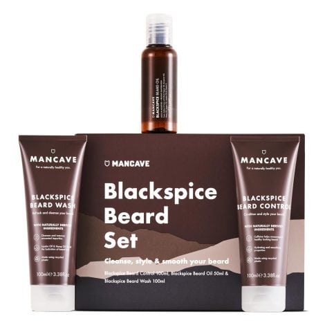 The ManCave Blackspice Beard Gift Set includes 3 grooming essentials for a fuller, healthier beard. It’s vegan-friendly, with recycled plastic tubes and made in England.