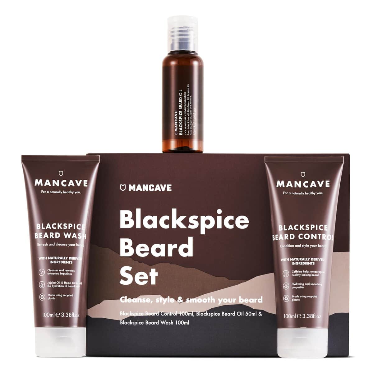 ManCave Blackspice Beard Gift Set with 3 Beard Grooming Essentials, For a thicker, more healthier beard, Vegan Friendly, Tubes made using Recycled Plastics, Made in England