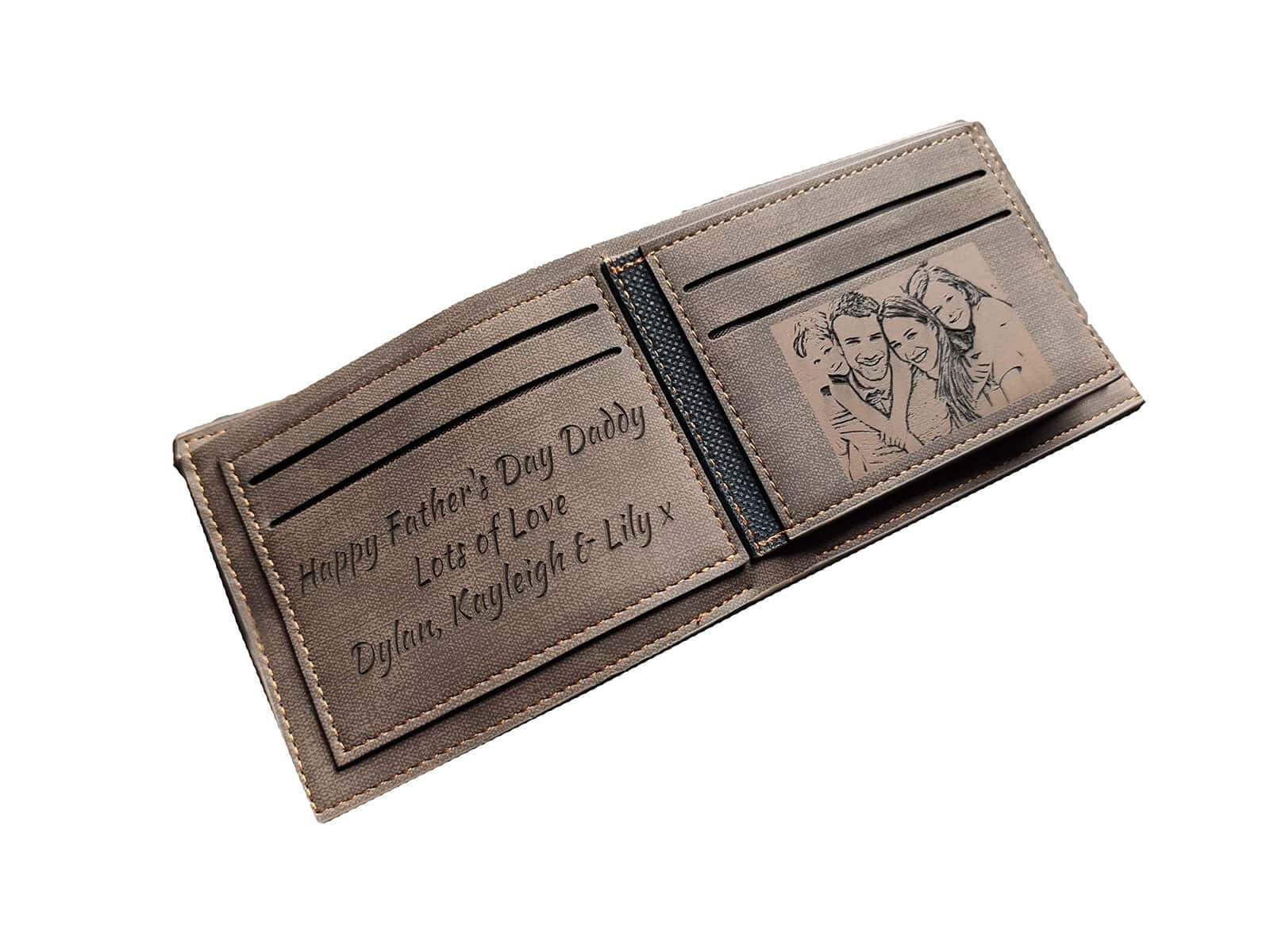 Men's Custom Photo Engraved Brown Wallet - Unique Gift for Men - Personalised Text and Photo