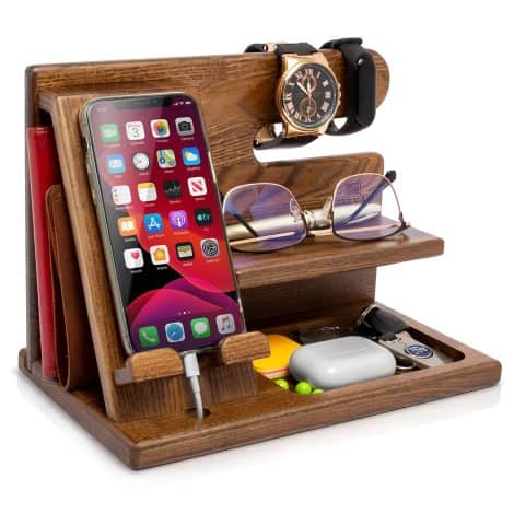 Teslyar Gifts for Men Wooden Phone Docking Station Key Holder Wallet Stand Desk Tidy Fathers’ Day, Christmas, or Birthday Present