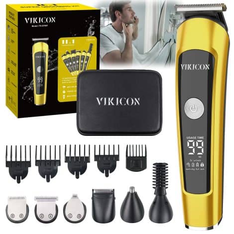 VIKICON Beard and Stubble Trimmer for Men is a cordless grooming set with a beard bib. It includes electric hair trimmers for face, body, ear, nose, mustache and is waterproof. This beard grooming kit also comes with a male razor and a case.