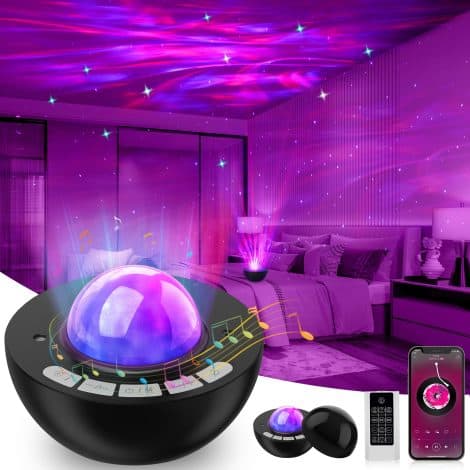 Black Galaxy Projector with LED Cloud of Stars, Bedroom Night Light with Remote, White Noise & Timer, Bluetooth Speaker