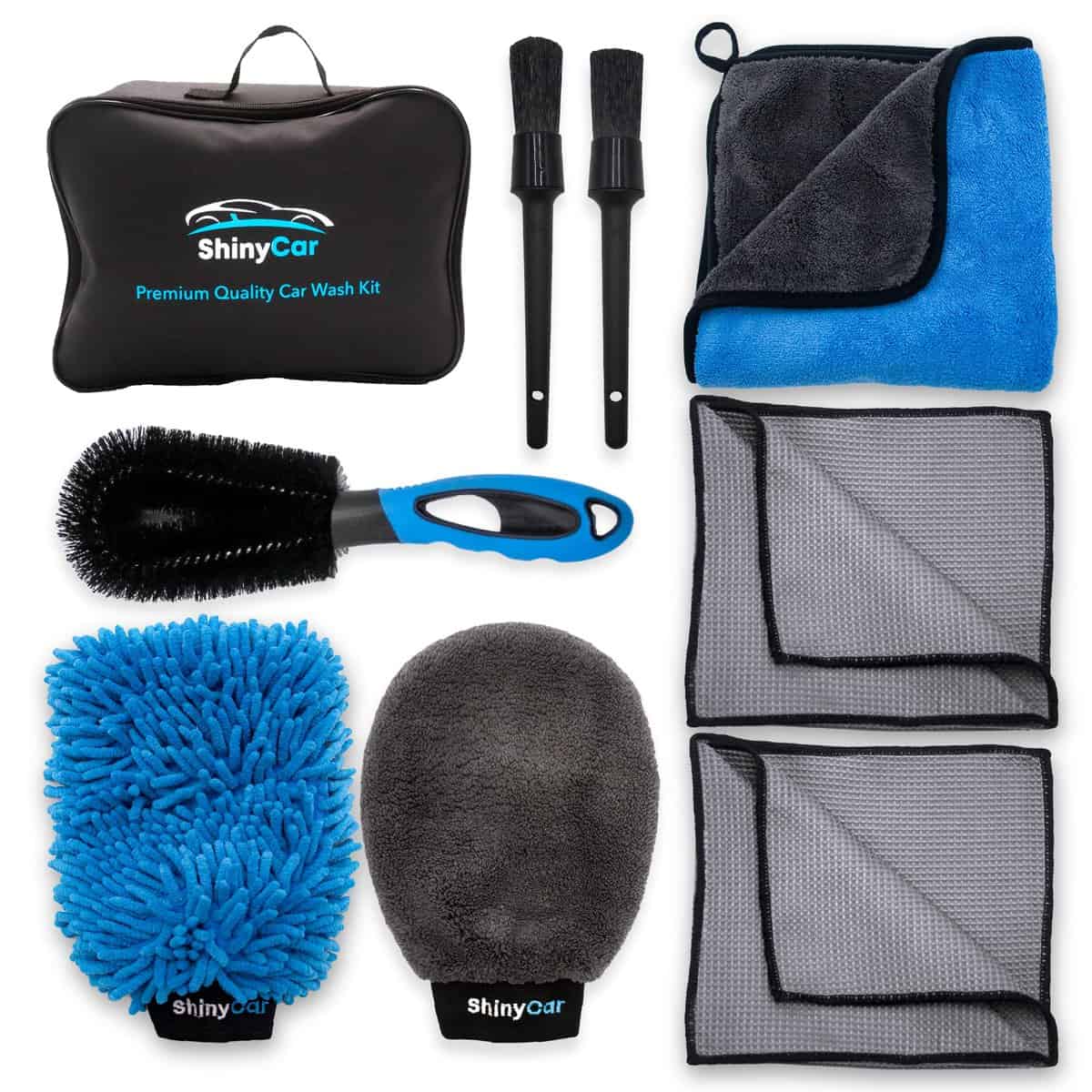 ShinyCar® UK: Premium 8Pcs Car Wash Tool Cleaning Kit With Bag: Microfibre Valet Washing Mitts, Exterior Drying Towel, Waffle Cloths, Alloy Wheel Brush, Detailing Brushes, Valeting Product, Gift Set