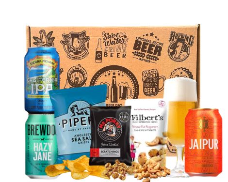 The Mixed Gift Box of Ale/IPA Beer, containing 3 cans of beer, a tasting glass, snacks, and a coaster, suitable for Valentine’s Day.