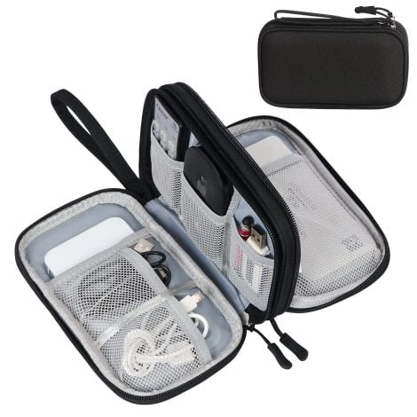 Black Simpolor Cable Organiser Bag, a double-layered electronics accessories bag for cables, power bank, USB drive, charger, and hard disk, suitable for travel.