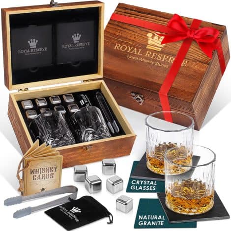 Royal Reserve offers a Whisky Glass Set, including stones, coasters, and a wooden box, perfect as a Birthday gift for men. Ideal for husbands, friends, dads, boyfriends, brothers, bosses, or fathers-in-law. These Whiskey Gift Sets are designed for men.