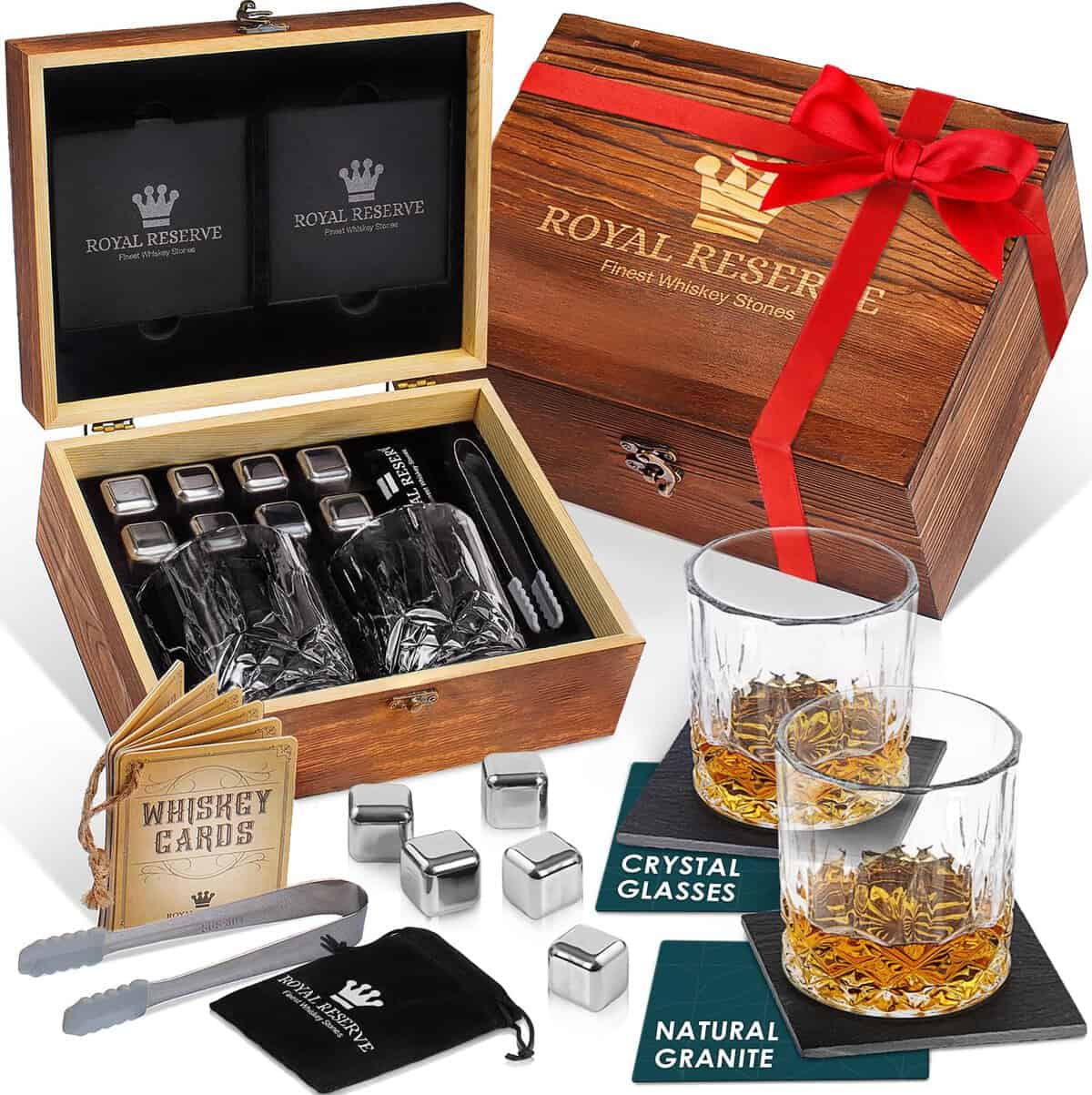 Whisky Gift Set  Whisky Glass Set of 2, Stones, Coasters & Wooden Box  Birthday Gifts for Men Husband Friend Dad Boyfriend Brother Boss Father in Law - Whiskey Gift Sets for Men by Royal Reserve