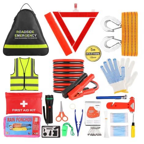 Emergency Breakdown Kit, 76 in 1 Multifunctional Roadside Help Car Breakdown Kit with Jump Leads, Tow Rope, Triangle, Torch, Safety Hammer, etc.