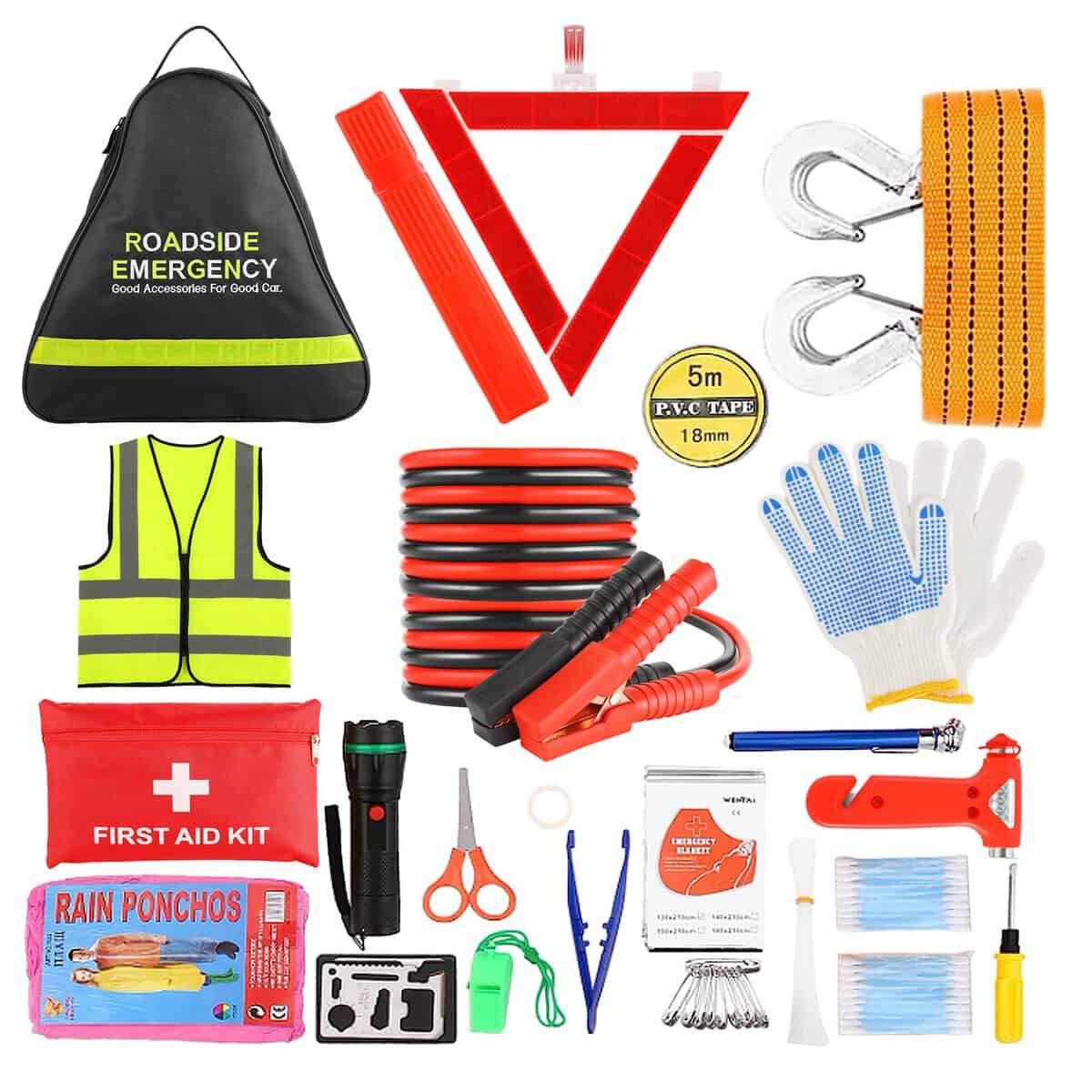 Emergency Breakdown Kit, 76 in 1 Multifunctional Roadside Assistance Car Breakdown Kit with Jumper Cables, Tow Rope, Triangle, Flashlight, Safety Hammer, etc