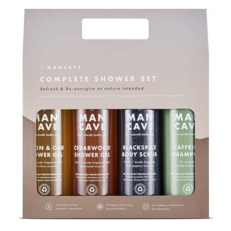 ManCave Mens Ultimate Shower Gift Set, 4 Premium Shower Essentials For Men, Energizing Shampoo, 2 Gentle Shower Cleansers, and Exfoliating Soap, Only on Amazon, Cruelty-Free, Crafted in the UK.