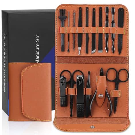 Black-16Pack Manicure Set with Pink Leather Travel Case: 16-in-1 stainless steel nail care kit, ideal gift for both genders.