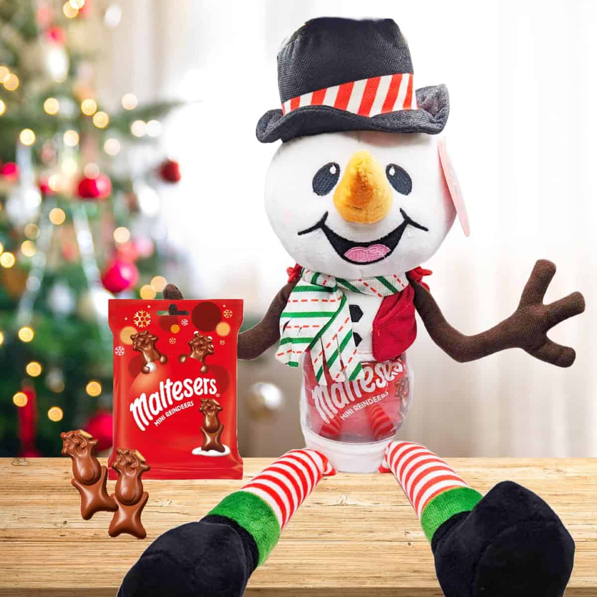 Kids Sweets Storage Gift Set - Cute Xmas Snowman Candy Jar Doll Backpack Filled with Maltesers Reindeer Milk Chocolate Treat Bag 59g. Christmas Cookie Jar for Stocking Fillers, Secret Santa Gifts