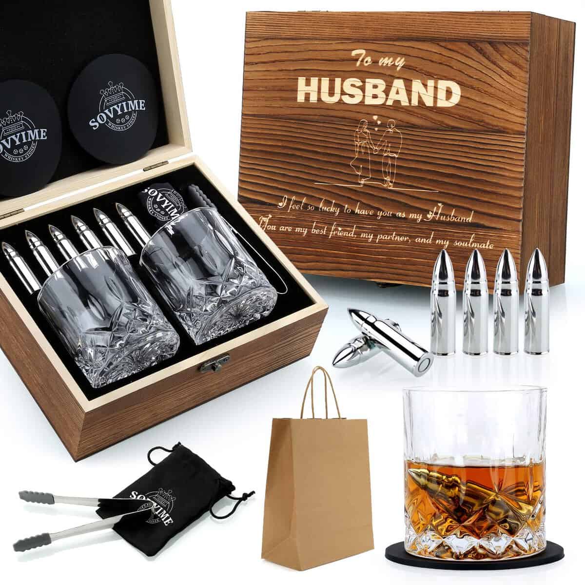 Husband Whiskey Gifts Kit for Men, 2 Whiskey Glasses & 6 Whisky Stones, Husband Birthday Gifts from Wife, Best Man Wedding Valentine Engagement Anniversary Kit for Him