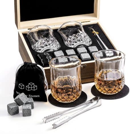 Qinhai Whiskey Stones Glass Gift Set: 2 Bourbon Glasses and 8 Granite Ice Cubes – Ideal Present for Men