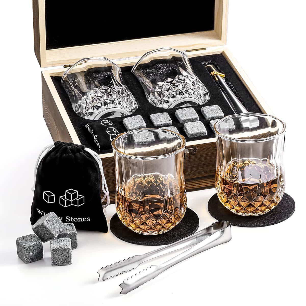 Qinhai Whiskey Stones Glass Gift Set, 2 Bourbon Glasses and 8 Granite Ice Cubes, Valentines Fathers Day Birthday Santa Christmas Present for Men Dad Him Grandad Teacher Boyfriend