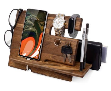 Walnut Wood Phone Docking Station Wallet Stand Watch Organizer – Ideal Present for Husband, Wife, Anniversary, Dad.