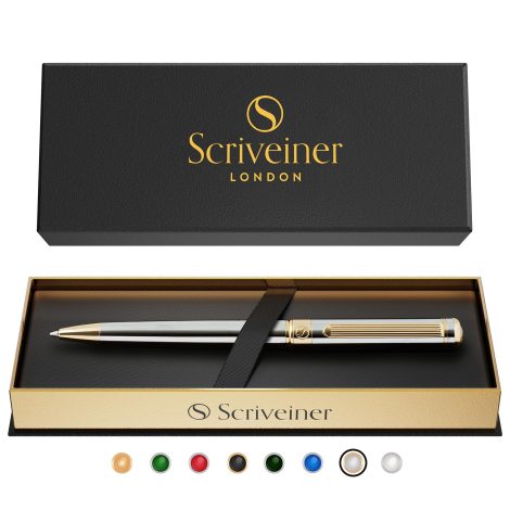 Scriveiner Chrome Ballpoint Pen – Elegant, high-end pen with gold-tone accents, superior refill and stylish design. Ideal gift for professionals.