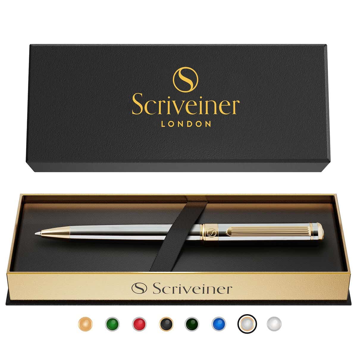 Scriveiner Silver Chrome Ballpoint Pen - Stunning Luxury Pen with 24K Gold Finish, Schmidt Black Refill, Best Ball Pen Gift Set for Men & Women, Professional Executive Office, Nice Fancy Designer Pens