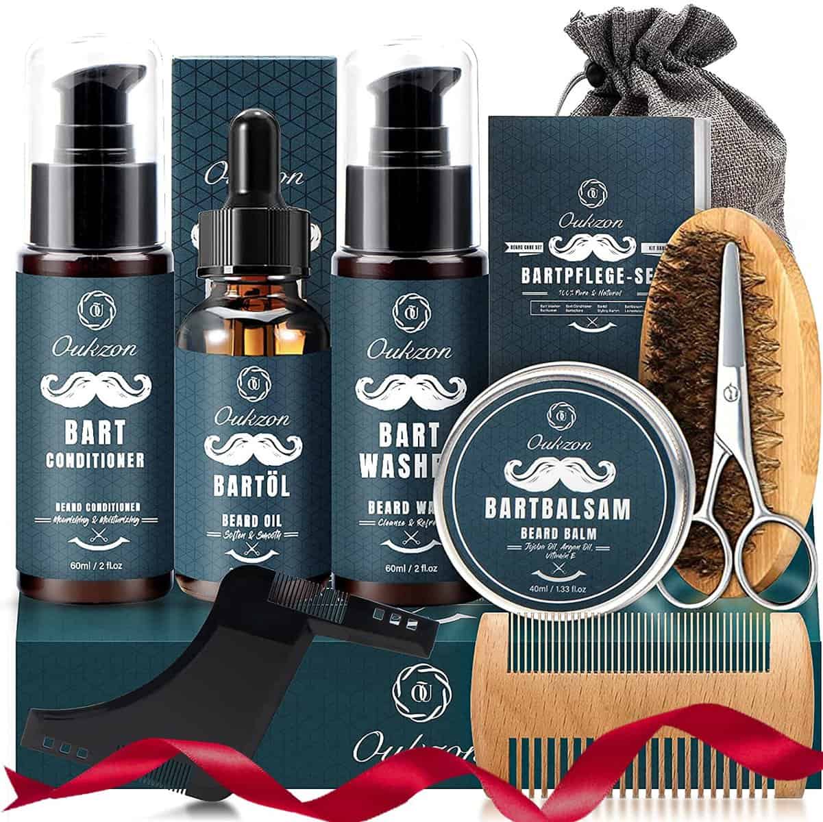 Beard Grooming Kit for Men, 10 in 1 Beard Trimming Gift Set with Beard Shampoo, Beard Conditioner, Beard Oil, Balm, Beard Comb,Brush, Scissors, Beard Shaper and Storage Bag -Mens Beard Growth Care Set