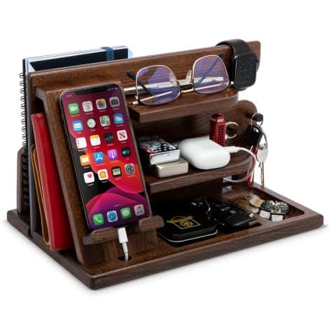 TESLYAR Wooden Phone Docking Station – Ideal British Gifts for Him: Dad, Boyfriend, Husband – Bedside Organizer, Key and Wallet Holder, Stylish Amber Design. Ideal for Anniversaries, Birthdays, and Christmas.