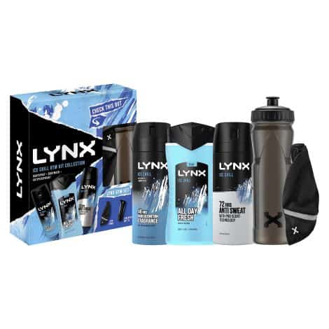 LYNX Ice Chill Gym Collection Deodorant Gift Set: Water Bottle, Towel, Shower Gel, Body Spray & Anti-Perspirant ideal for his daily regimen, comprising 3 items.