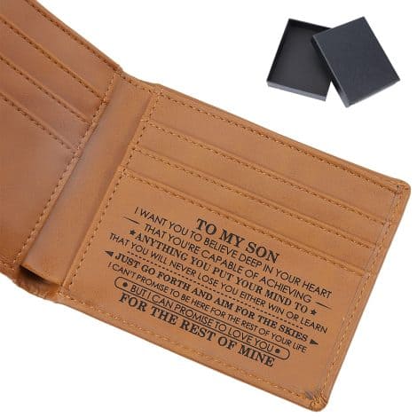 AMIJOUX Brown Men’s Wallet, Customised Leather Wallet for Son, Engraved Bifold Fashionable Wallet with Blessings and Box for Son’s Birthday Christmas Presents (from Mum and Dad).