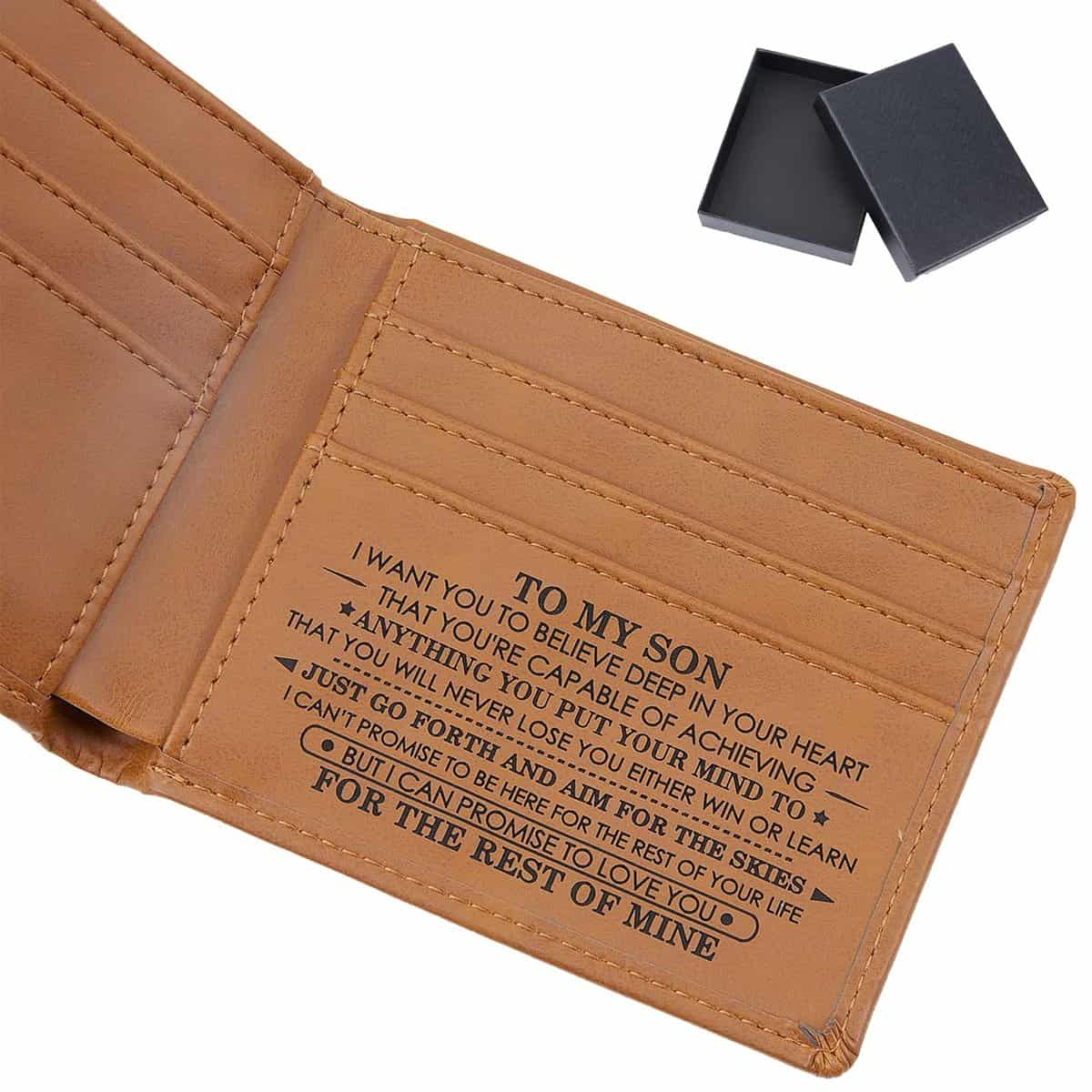 AMIJOUX Brown Mens Wallet, Personalized Leather Wallet for Son, Engraved Bifold Stylish Wallet with Blessing Words and Box for Son's Birthday Christmas Gifts(to My Son from Mom&Dad)